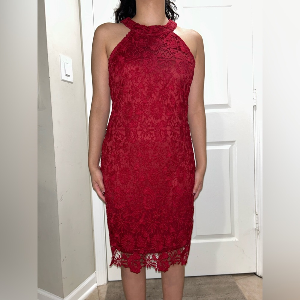 Lace red midi dress